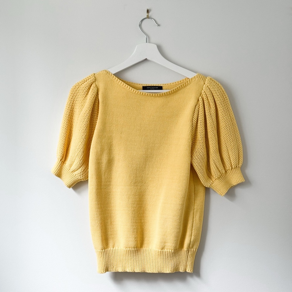 ANN TAYLOR Stitchy Puff Sleeve Knit Sweater Bright Yellow XS
